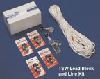 A Roller Furling Block and Line Kit which includes a box, furling line, ball bearing fairleads, intermediate stanchion mount fairleads, deck mounted fairlead, and a deck cleat.